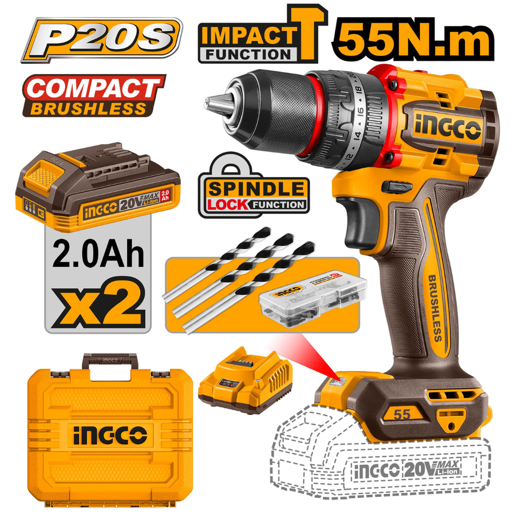 INGCO Compact Brushless Cordless Impact Drill 55Nm