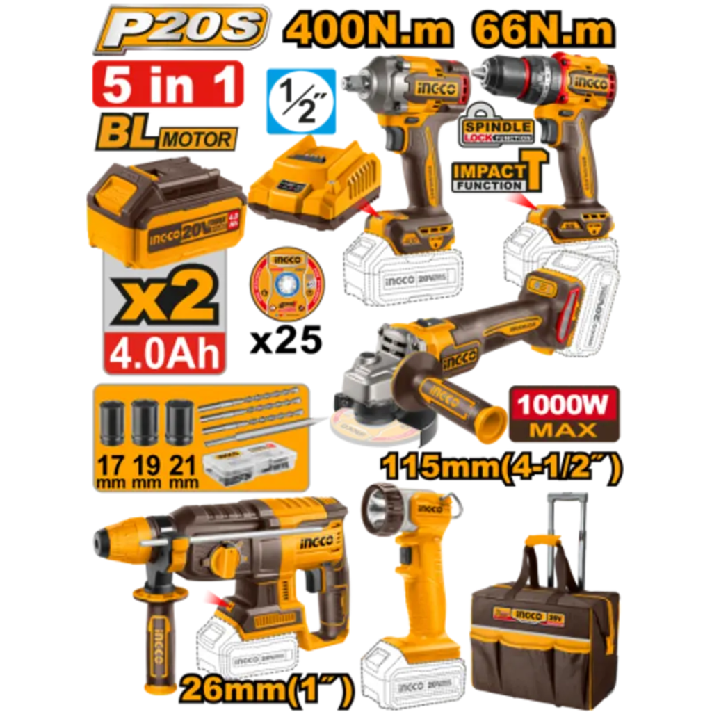 INGCO 5 Pcs Cordless industrial combo kit