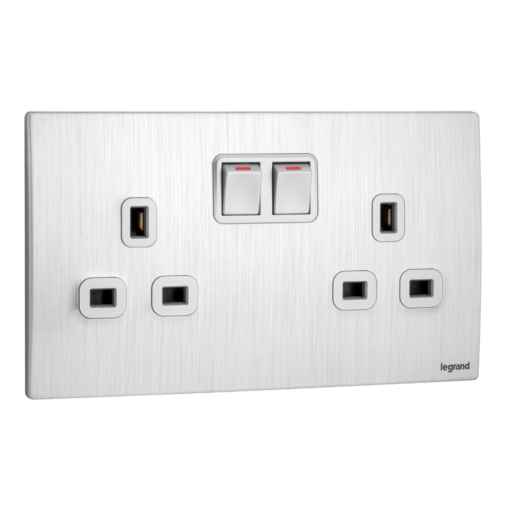 LEGRAND Mallia Senses - 2 gang BS switched socket outlet single pole - 13A - with 2 earth connection - Brushed Aluminium