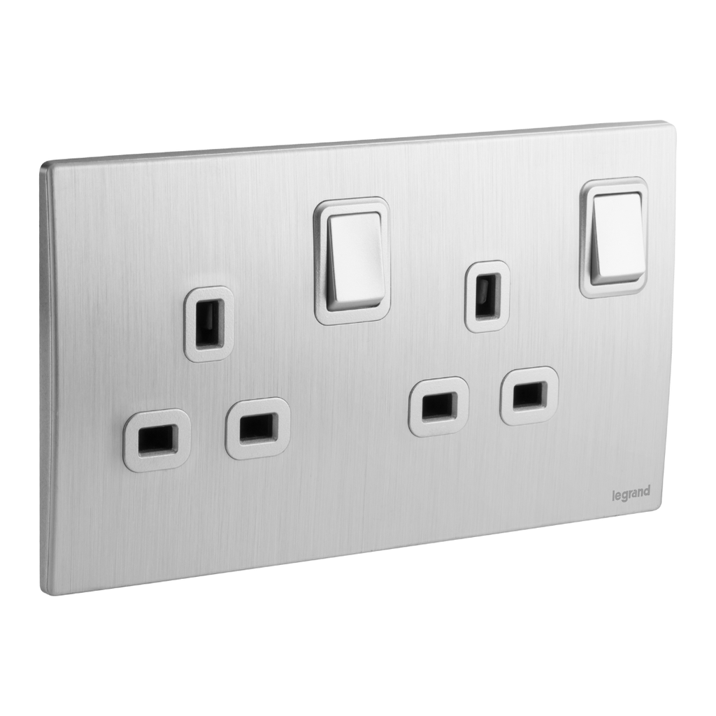 LEGRAND Mallia Senses - 2 gang BS switched socket outlet double pole - 13A - Brushed Aluminium