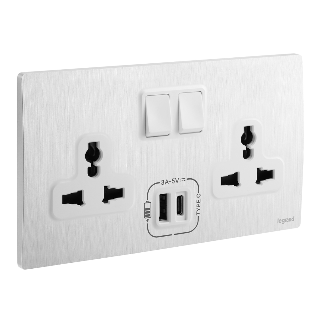 LEGRAND Mallia Senses - 2 gang Multistandard switched socket outlet with 3000 mA A and C type USB chargers - brushed alu