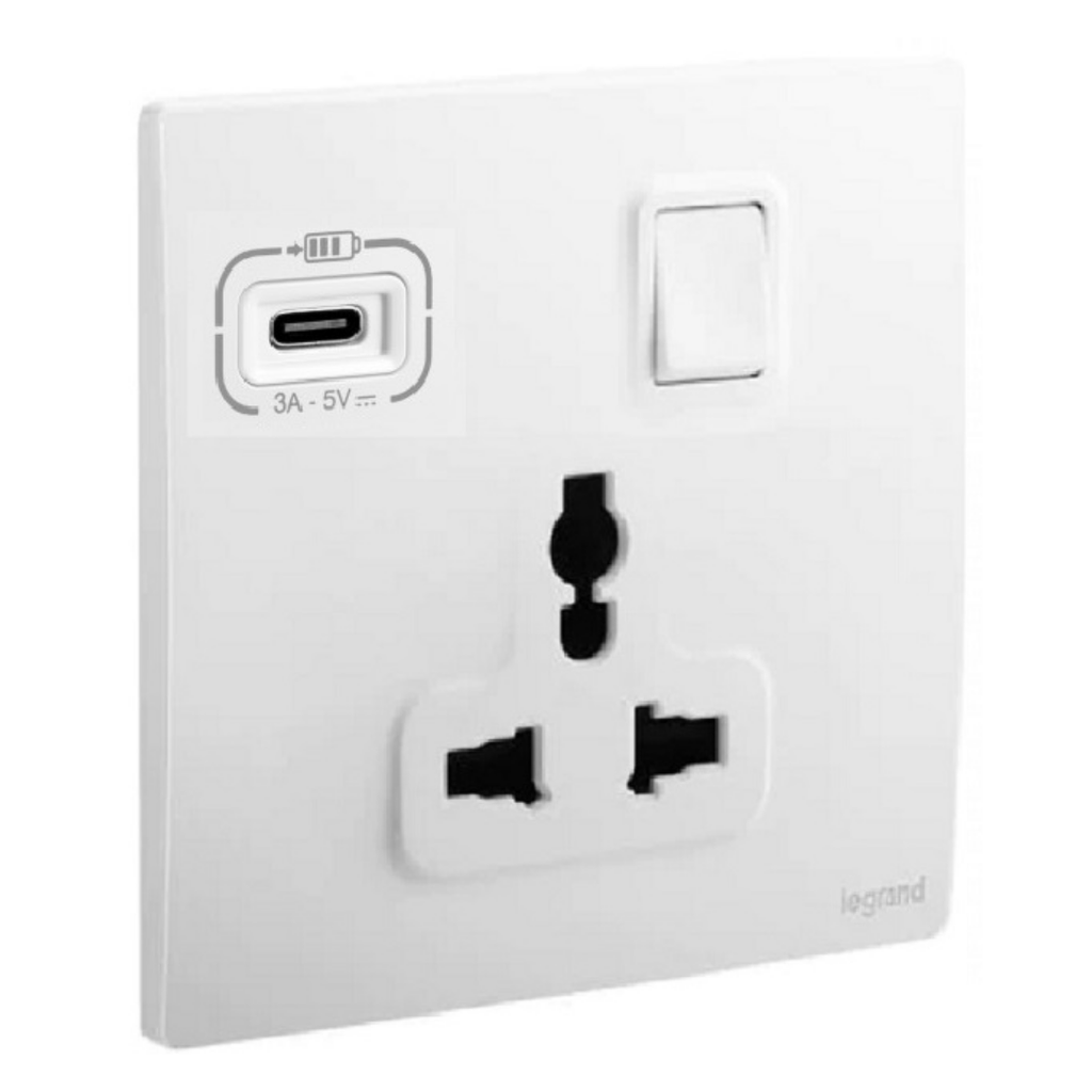 LEGRAND Mallia S switch socket 3p 16a multistandard+ usb matt white repl