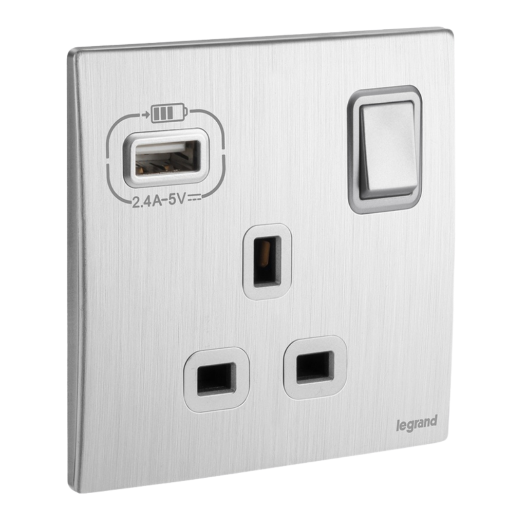 LEGRAND 13A 1G SWITCH SOCKET + USB A MALLIA SENSES BRUSHED ALUMINIUM