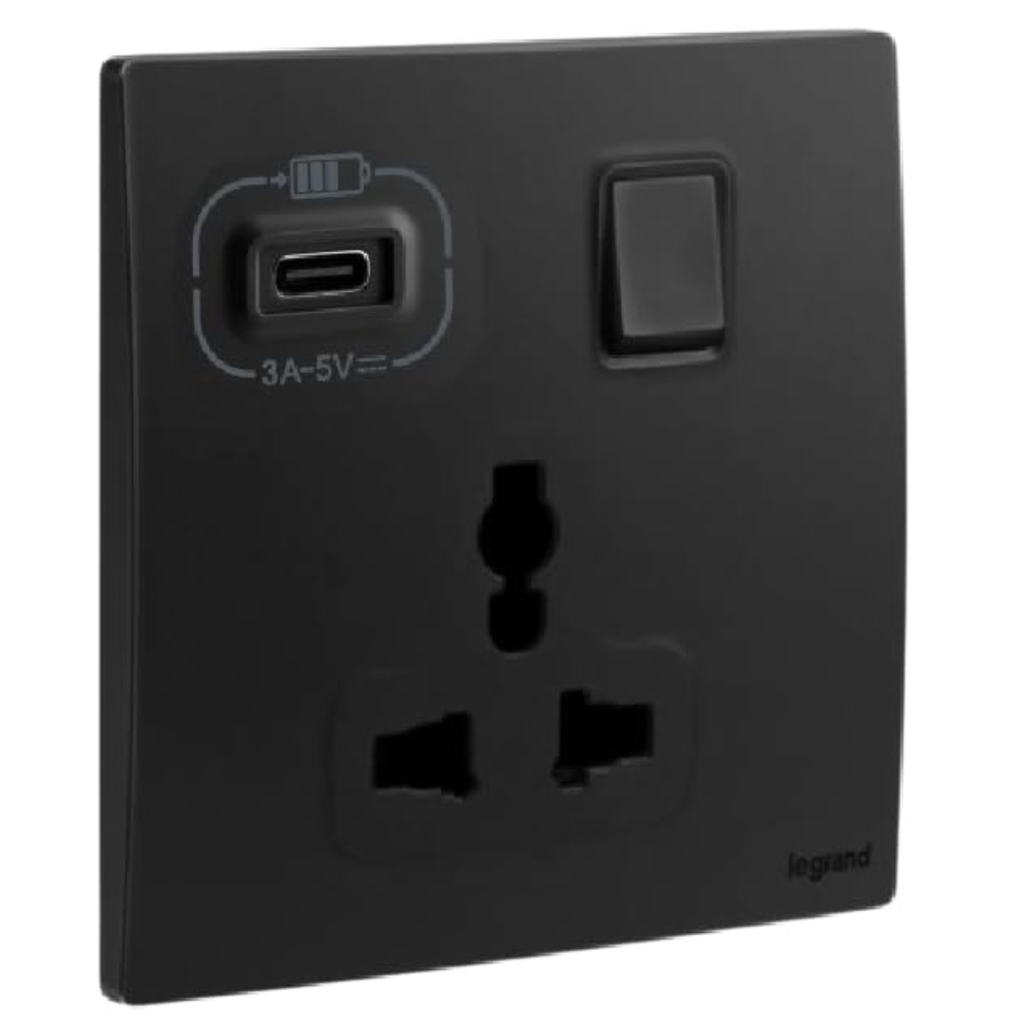 LEGRAND Mallia sense switch socket 3p 16a multistandard+ usb A and C 3a matt black