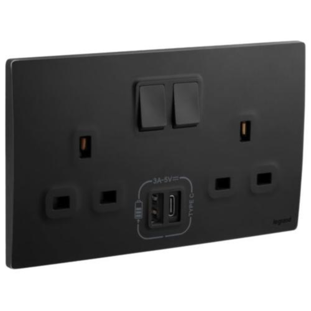 LEGRAND  Mallia sense switch socket 3x13a twin +usb A and C Matt Black