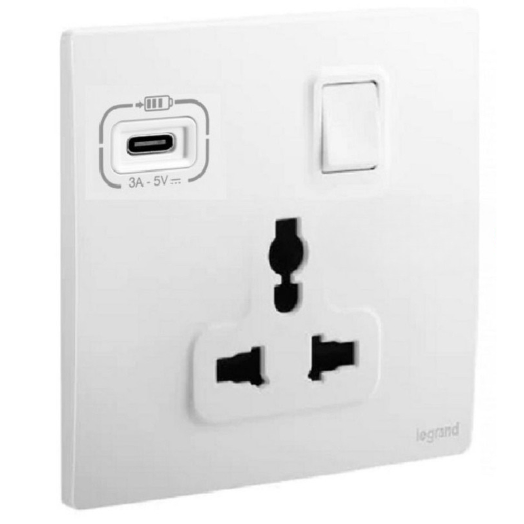 LEGRAND Mallia Senses switch socket 3p 16a multistandard+ usb matt white repl by 281125amw