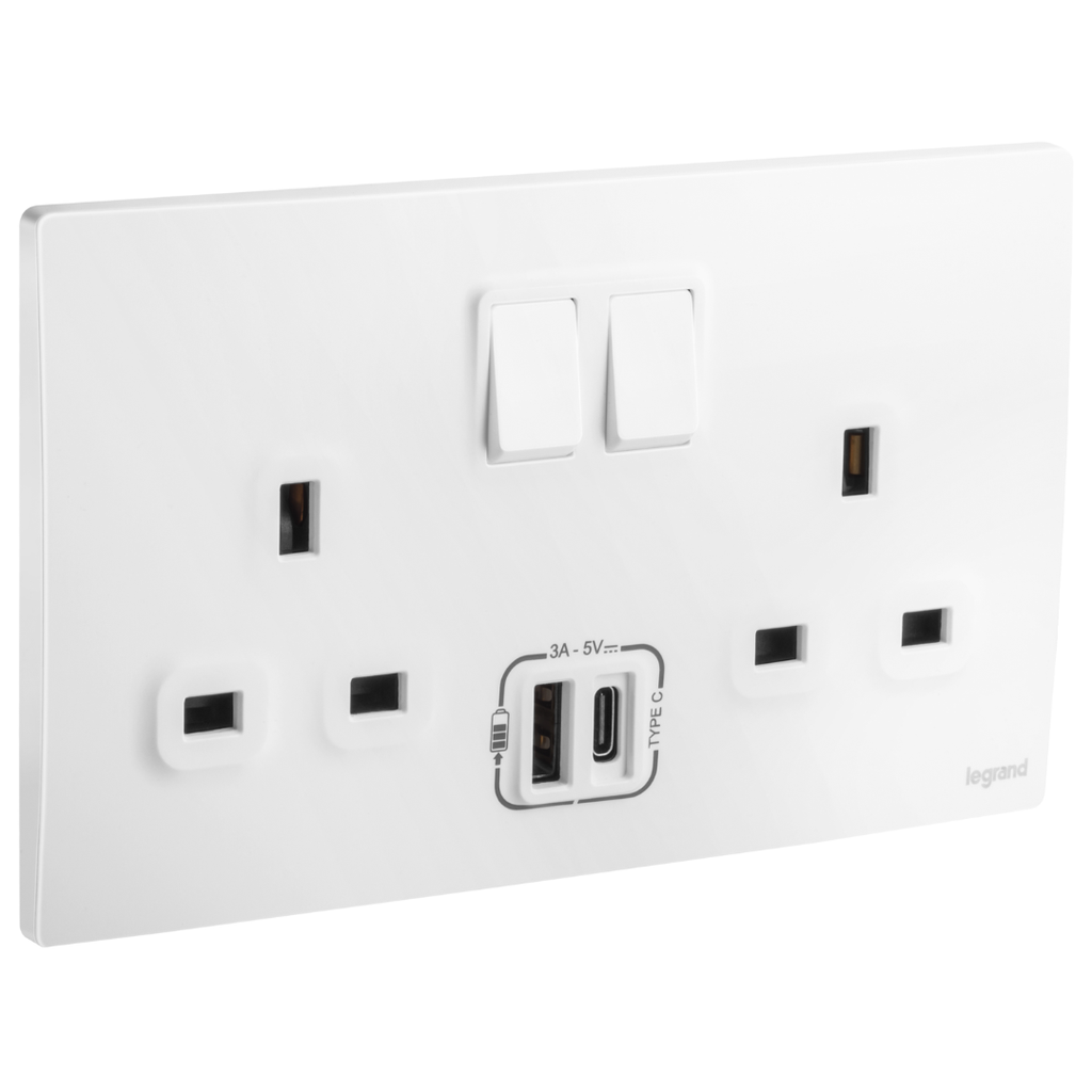 LEGRAND Mallia Senses switch socket 3x13a twin +usb A and C matt white