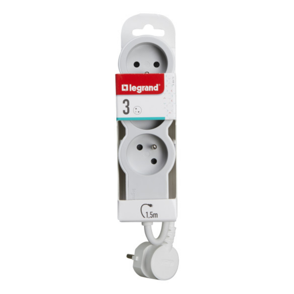 LEGRAND Extra-flat extension cord with 3 2P+T 16A 3680W sockets and 1.5m cord - white and light grey