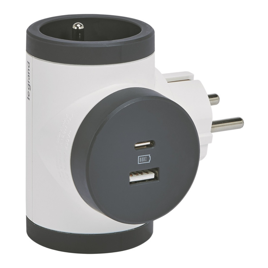 LEGRAND Rotating bi-fold plug with 2 side 2P+T sockets 16A 3680W and USB Type-A and Type-C socket - white and dark grey