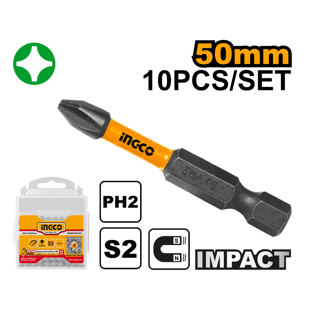 INGCO 10 Pcs Impact screwdriver bits 50mm