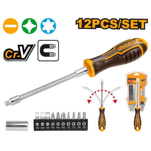 [AKSDFL1208] INGCO 12 Pcs flexible shaft screwdriver set