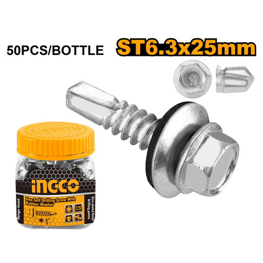 [HWSS6302521] INGCO Hex self drilling screw with rubber washer 50 pcs ST6.3x25mm