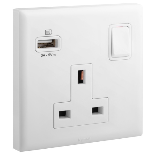 [618058] LEGRAND ELOE 1 gang British Standard 13A single pole switched socket + USB A 