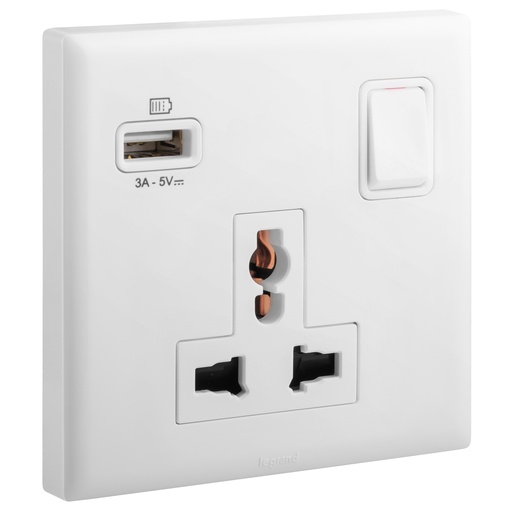 [618059] LEGRAND ELOE 1 gang multistandard single pole switched socket + USB A 