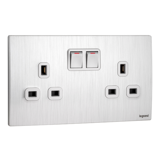 [281113ba] LEGRAND Mallia Senses - 2 gang BS switched socket outlet single pole - 13A - with 2 earth connection - Brushed Aluminium