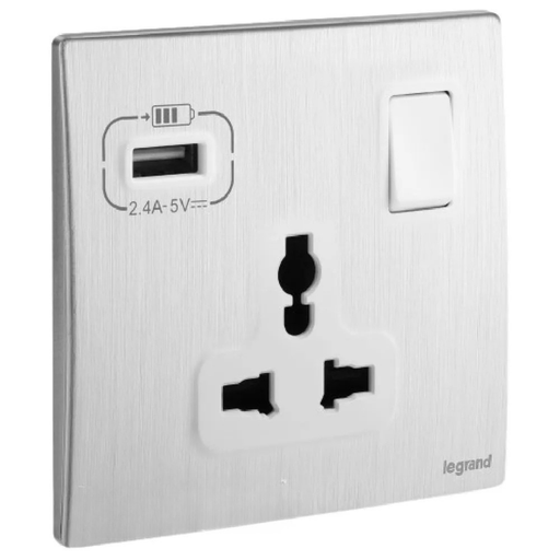[281121ba] LEGRAND  Mallia sense switch socket 3p 16a multistandard+ usb brushed alu