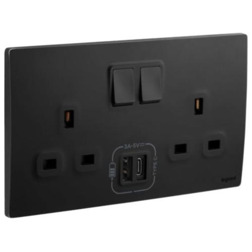 [281136mb] LEGRAND  Mallia sense switch socket 3x13a twin +usb A and C Matt Black