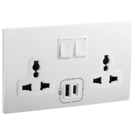 [281123mw] LEGRAND Mallia Senses - 2 gang Multistandard switched socket outlet with 3000 mA A and C type USB chargers - Matt White